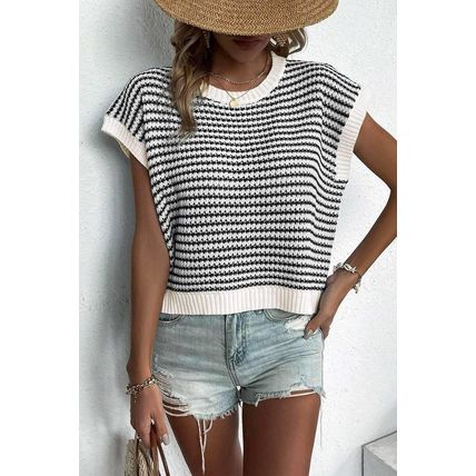 Black Stripe Ribbed Trim Loose Fit Knitted Sweater Vest