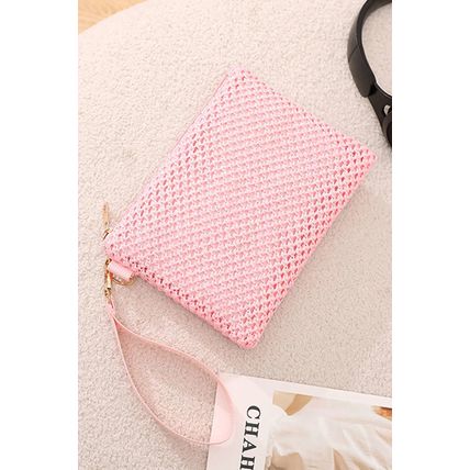 Pink Woven Zipper Wrist Strap Square Handbag