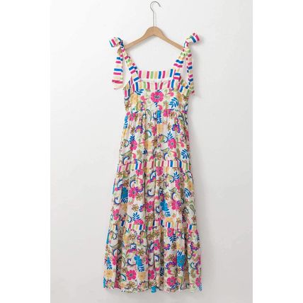 Rose Red Striped Trim Self-tie Straps Floral Maxi Dress