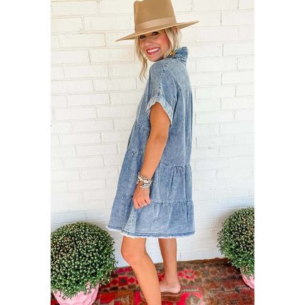 Sky Blue Acid Wash V Neck Tiered Denim Dress