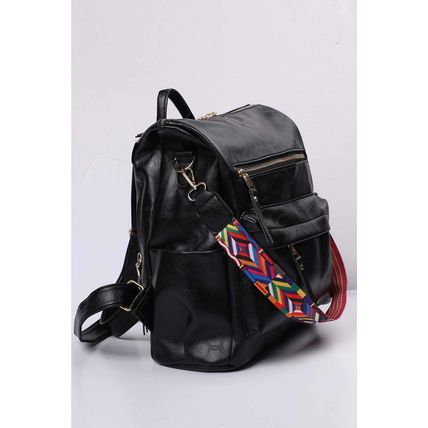 Color black Geometric Crochet Strap PU Leather Large Backpack