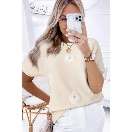 Beige Flower Pattern Short Sleeve Knitted Top