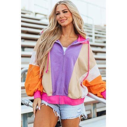 Grapefruit Orange Oversized Colorblock Patchwork Full Zipped Hoodie