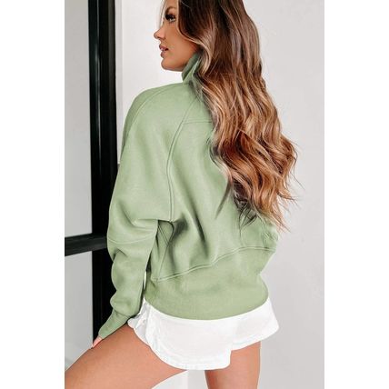 Smoke Green Fleece Lined Zip Up Stand Collar Thumbhole Sleeve Sweatshirt