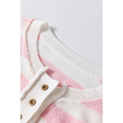 Pink Stripe Half Buttons Drop Shoulder Sweater