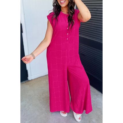 Bright Pink Terry Textured Sleeveless Button Front Wide Leg Jumpsuit