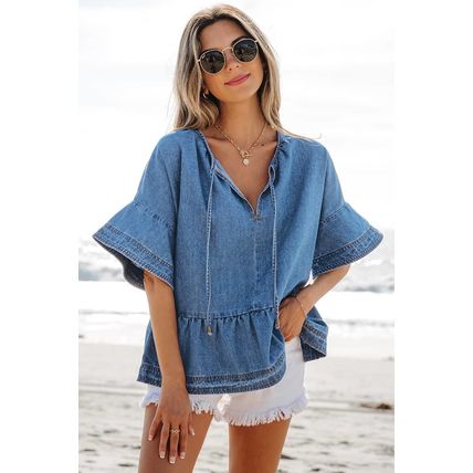 Dusk Blue Denim Ruffled Sleeve Lace up Front Peplum Top