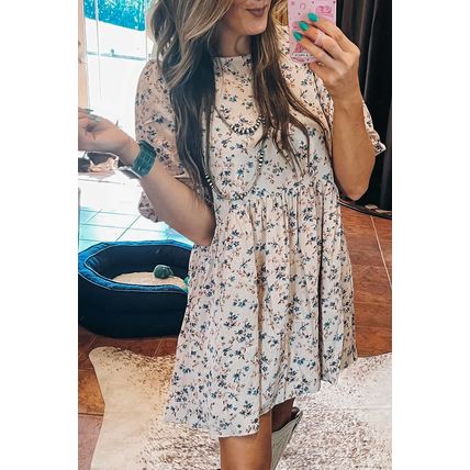 Beige Floral Puff Short Sleeve Empire Waist Mini Dress