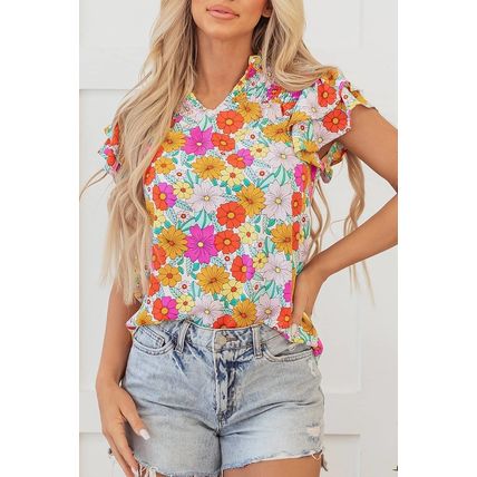 Yellow Floral Print Shirred Tiered Ruffled Sleeve Blouse