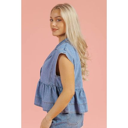 Dusk Blue Lapel Denim Babydoll Top