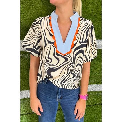 White Zebra Stripe Print Contrast V-Neck Ricrac Detail Short Sleeve Blouse Top