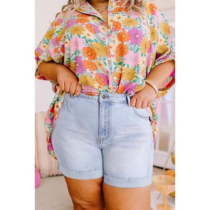 Beau Blue Folded Edge High Waist Plus Size Denim Shorts