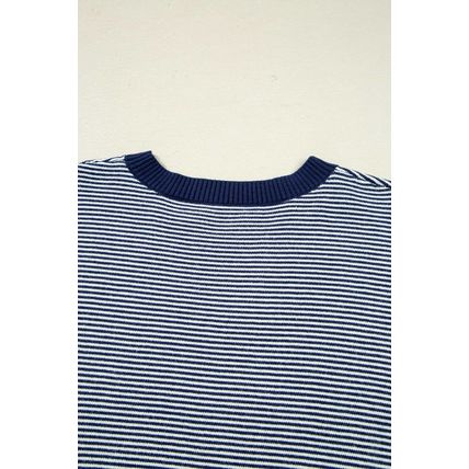 Blue Stripe Color Block Patchwork Dolman Oversize Tunic Sweater