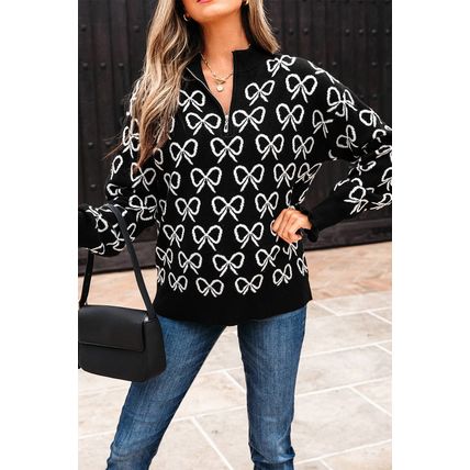 Black Cute Bow Pattern Drop Shoulder Zipped Collar Sweater