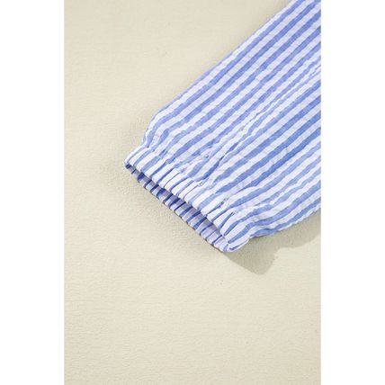 Sky Blue Stripe Bracelet Sleeve Tiered Shift Dress with Pockets