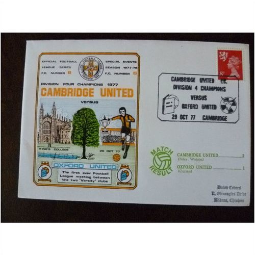 1977 Cambridge United v Oxford United Dawn Football Cover 6 stamp King's College