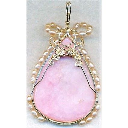 Pink Opal Pearl Gold Wire Wrap Gemstone Pendant 16