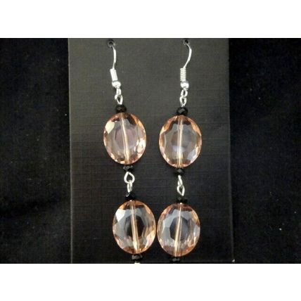 Stunning faceted large oval pink & black crystal glass dangle earrings