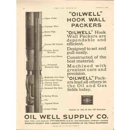 OIL WELL SUPPLY COMPANY 1928 Oilwell hook wall packers vintage ad