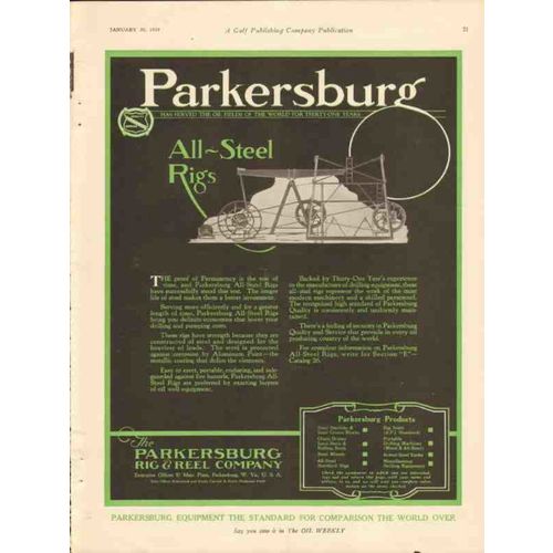 PARKERSBURG RIG REEL COMPANY 1928 All-steel rigs gas oil vintage ad