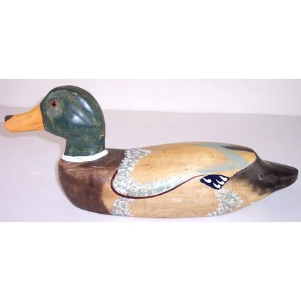 Vintage Solid Wood Hand Painted Drake Mallard Duck Decoy 15-3/4"