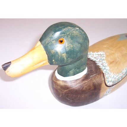 Vintage Solid Wood Hand Painted Drake Mallard Duck Decoy 15-3/4"