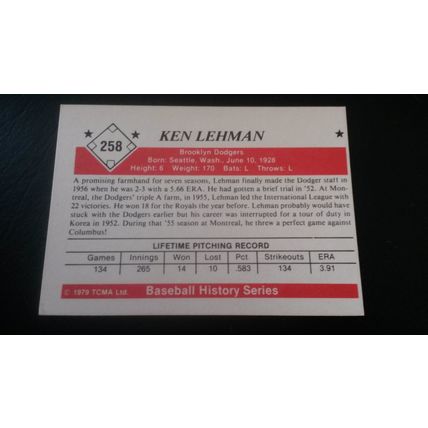 1979 TCMA 50's Card # 258 Ken Lehman Excellent (5) Brooklyn Dodgers
