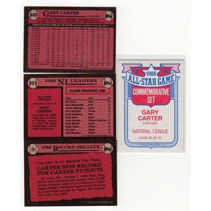 Four 1989 Topps Gary Carter cards #680, #3, #393, #20 All Star Insert
