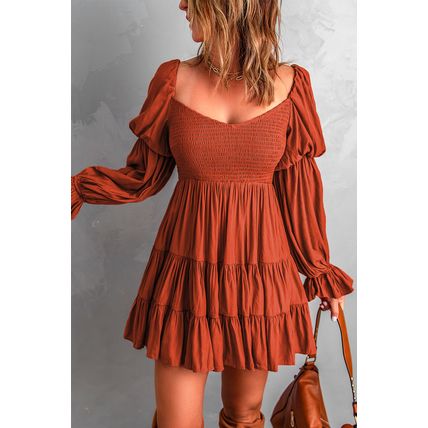 Brown Boho Solid Shirred Ruffle Mini Dress