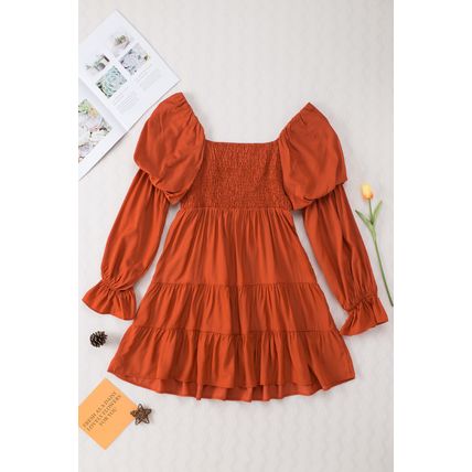 Brown Boho Solid Shirred Ruffle Mini Dress