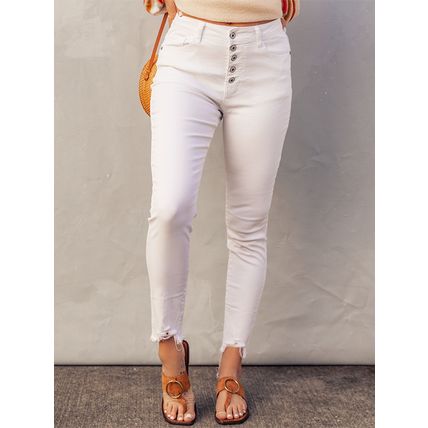 White Plain High Waist Buttons Frayed Cropped Denim Jeans