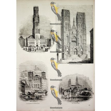 Architecture, Bruges, Brussels, Lyon & Rouen, Cathedral, Book Illustration, 1850