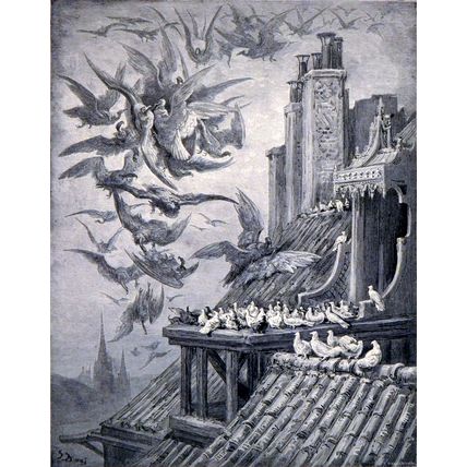 VULTURES AND THE PIGEONS 1885 Gustave Doré Jean de La Fontaine ANTIQUE ENGRAVING