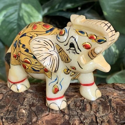 Marble Elephant Statue Trunk Up Hand Painted Indian Art home Decor Sculpture 3"