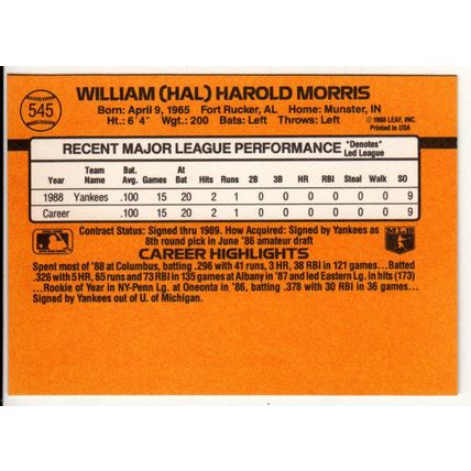 1989 Donruss Hal Morris rookie baseball card #545 – *denotes*