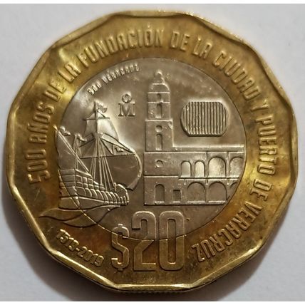 Mexico 500 years Foundation of Veracruz 1519 Bimetallic $20 pesos 2019