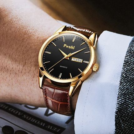 Gents Day & Date Black Face Steel Back Brown Leather Strap Watch