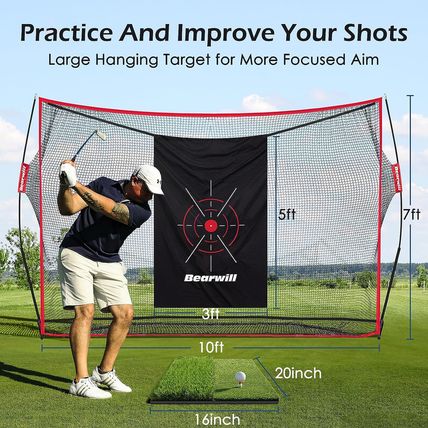Golf Net, 10X7Ft Heavy Duty Golf Practice Nets with Mat, Target Cloth, 8 Tees, 6