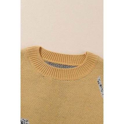 Camel Fuzzy Cheetah Accent Round Neck Sweater