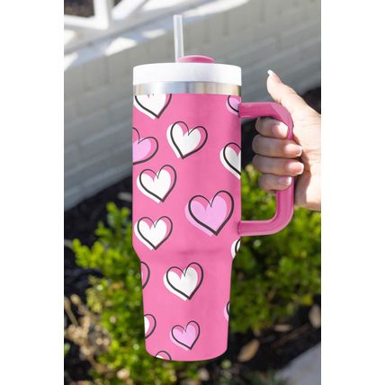 Rose Red Valentines Heart Printed Thermos Cup with Handle