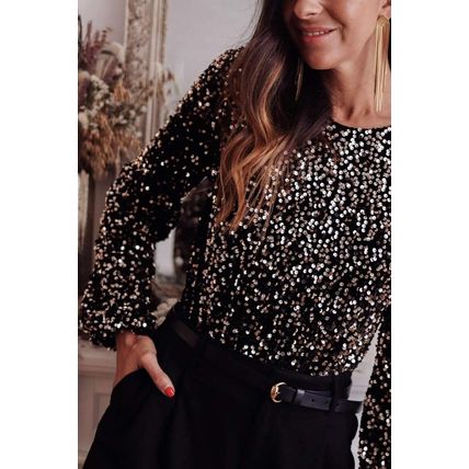Black Deep V Back Sequin Puff Sleeve Bodysuit