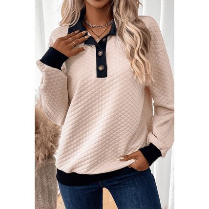 Oatmeal Textured Colorblock Edge Buttoned Collar Sweatshirt
