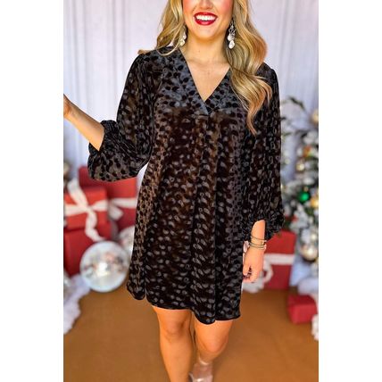 Black Textured V Neck Balloon Sleeve Velvet Mini Dress