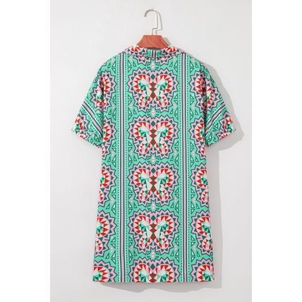 Mint Green Geometric Butterfly Print Split Neck Short Sleeve Dress