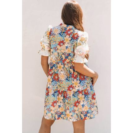 Multicolour Boho Floral Print Crochet Patchwork V Neck Loose Mini Dress