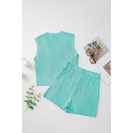 Mint Green Ribbed Button V Neck Tank Top and Shorts Set