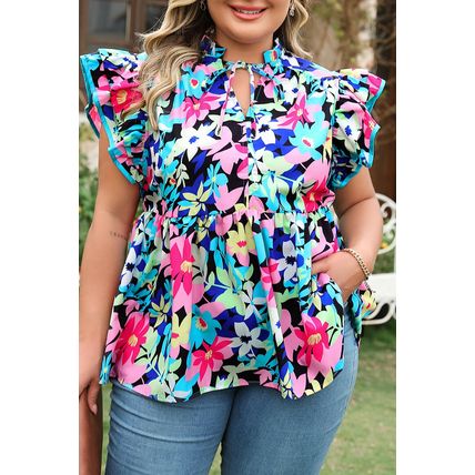 Blue Floral Flutter Sleeve Tied Notched Neck Plus Size Blouse