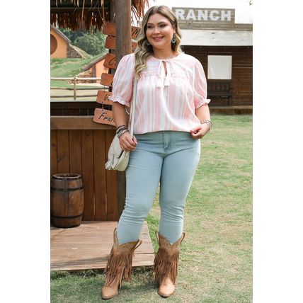 Pink Stripe Plus Size Tassel Tie Frilled Detail Short Sleeve Blouse