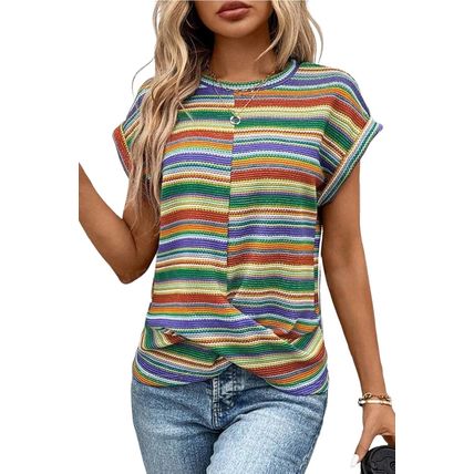 Multicolour Striped Pattern Twist Hem Short Sleeve Top