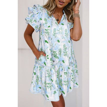 Sky Blue Floral Contrast Edge Layered Short Sleeve Mini Dress